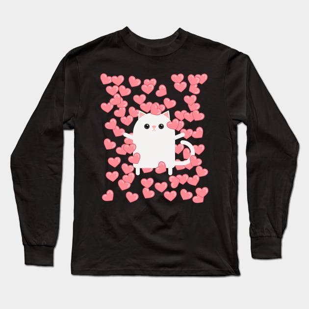 Cute Minimalist Cat Balloons Of Hearts Valentine's Day Long Sleeve T-Shirt by teeleoshirts